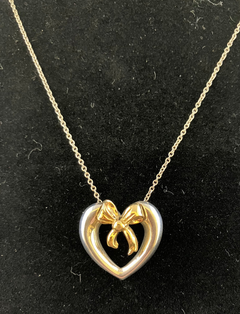 Tiffany Open Heart Ribbon 18k Gold Sterling Silver 16" Necklace 1991