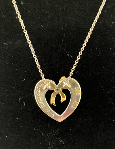 Tiffany Open Heart Ribbon 18k Gold Sterling Silver 16" Necklace 1991