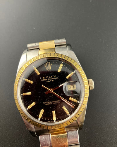 Rolex 15053 Date Oyster Watch Two Tone Black Dial Engine Turned