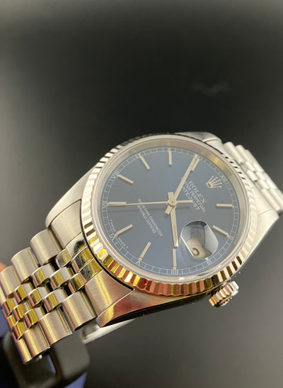 Rolex Oyster Perpetual Datejust Ref 16234 Automatic Watch Fluted Bezel Blue Sunburst Dial