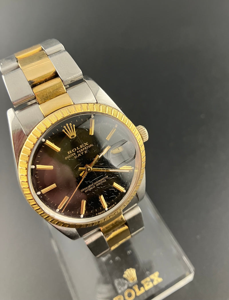 Rolex 15053 Date Oyster Watch Two Tone Black Dial Engine Turned