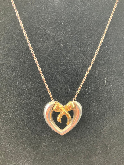 Tiffany Open Heart Ribbon 18k Gold Sterling Silver Necklace