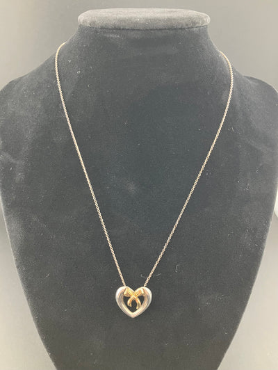 Tiffany Open Heart Ribbon 18k Gold Sterling Silver Necklace