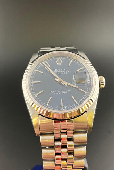 Rolex Oyster Perpetual Datejust Ref 16234 Automatic Watch Fluted Bezel Blue Sunburst Dial