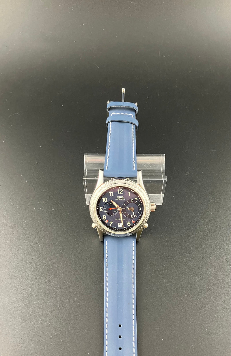 Oris Ref 7485 GMT Worldtimer Watch Blue Dial Hammered Bezel