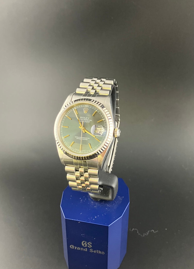 Rolex Oyster Perpetual Datejust Ref 16234 Automatic Watch Fluted Bezel Blue Sunburst Dial