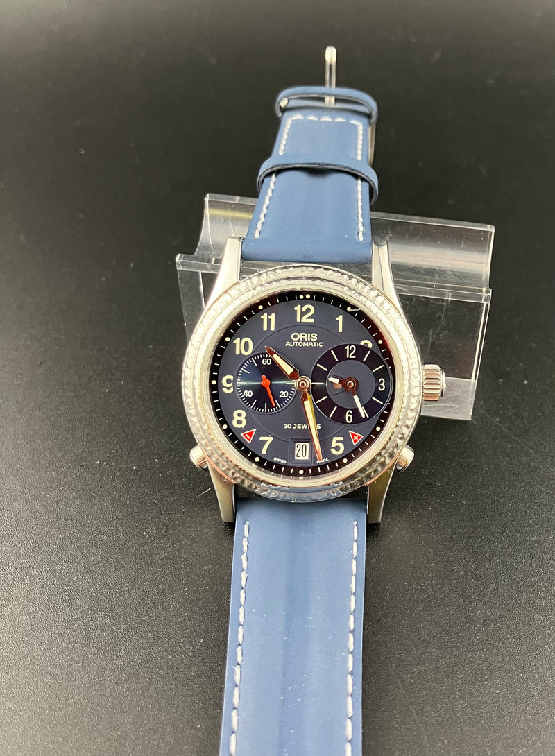 Oris Ref 7485 GMT Worldtimer Watch Blue Dial Hammered Bezel