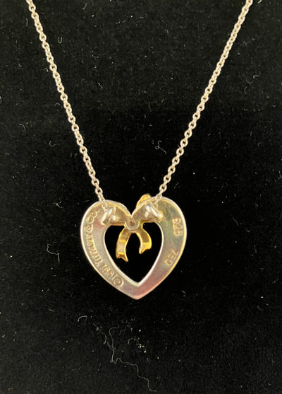 Tiffany Open Heart Ribbon 18k Gold Sterling Silver 16" Necklace 1991