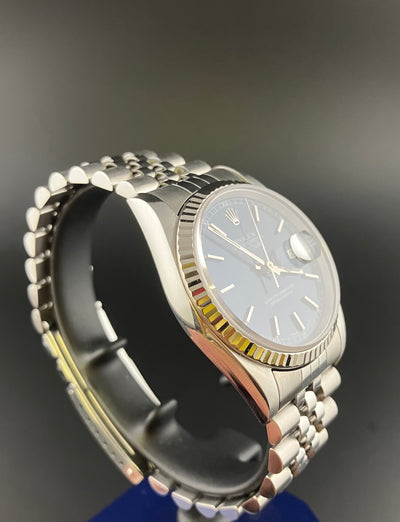 Rolex Oyster Perpetual Datejust Ref 16234 Automatic Watch Fluted Bezel Blue Sunburst Dial