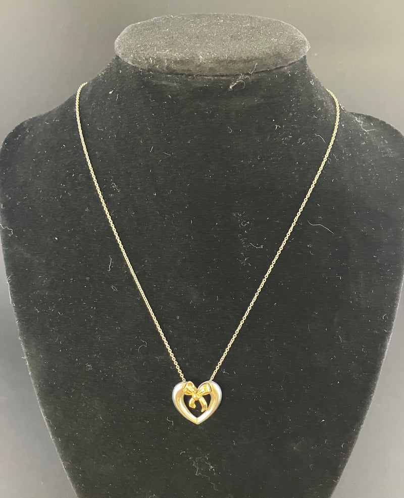 Tiffany Open Heart Ribbon 18k Gold Sterling Silver 16" Necklace 1991