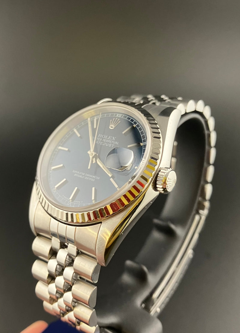 Rolex Oyster Perpetual Datejust Ref 16234 Automatic Watch Fluted Bezel Blue Sunburst Dial