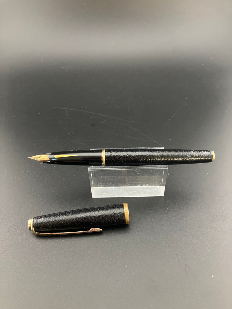 Platinum Black Sheepskin Leather Fountain Pen 18K Gold Soft Fine Nib Zogan Inlay