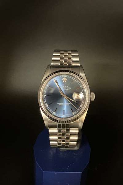 Rolex Oyster Perpetual Datejust Ref 16234 Automatic Watch Fluted Bezel Blue Sunburst Dial