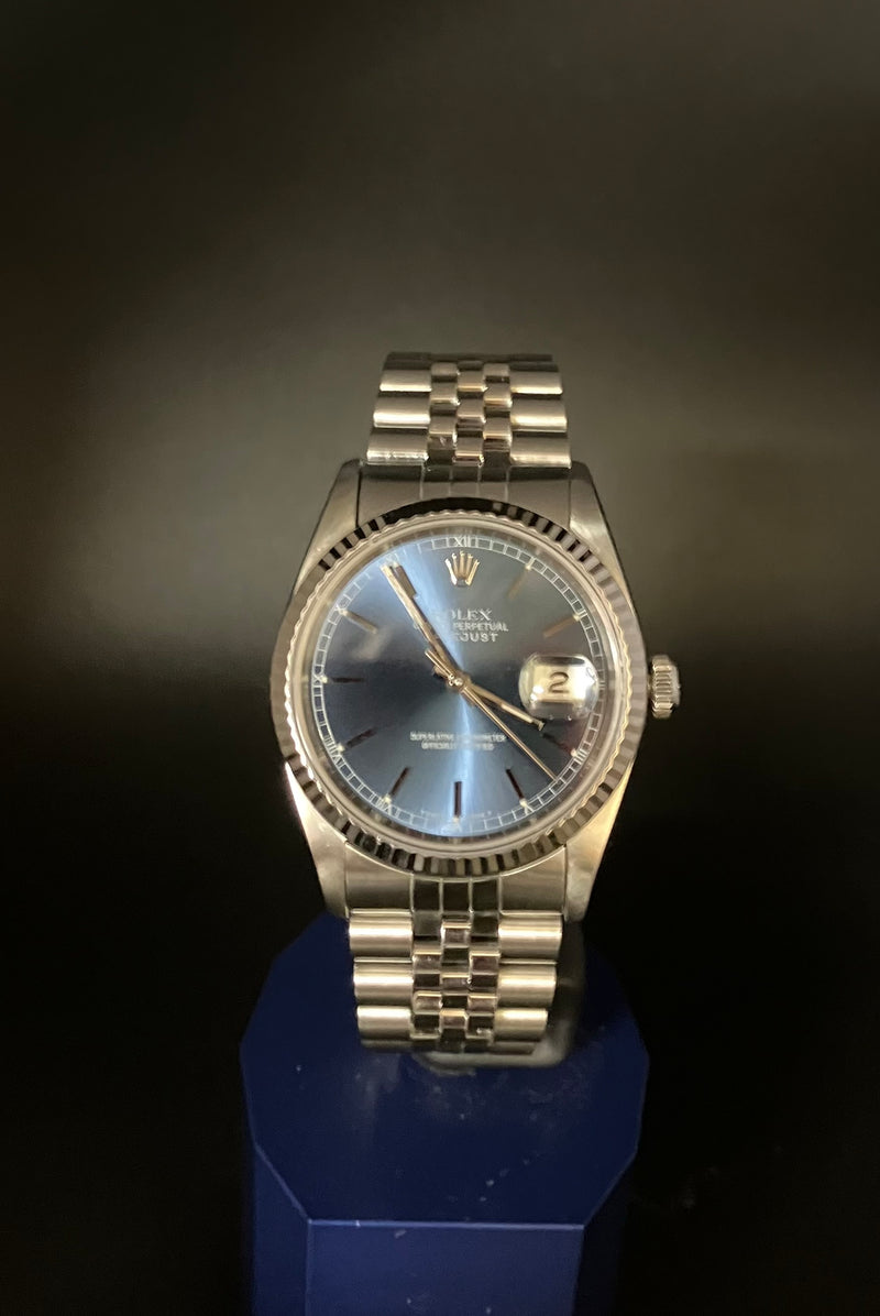 Rolex Oyster Perpetual Datejust Ref 16234 Automatic Watch Fluted Bezel Blue Sunburst Dial