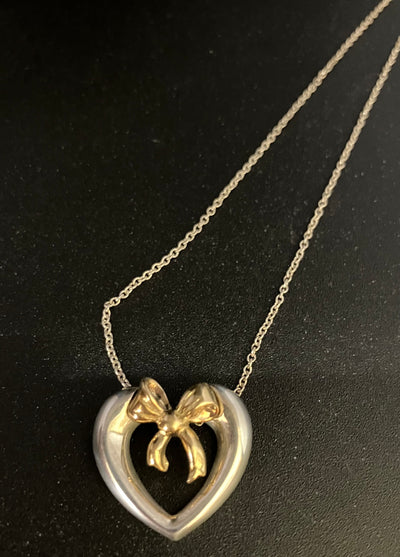 Tiffany Open Heart Ribbon 18k Gold Sterling Silver 16" Necklace 1991