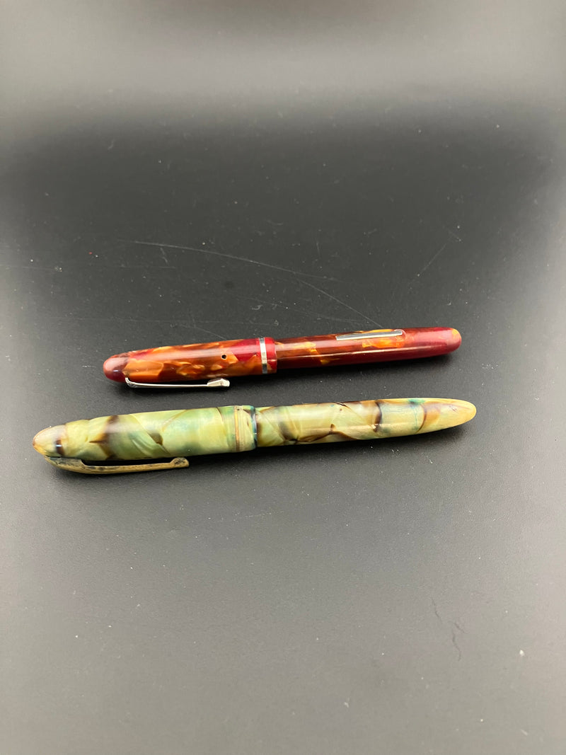 Two Celluloid Japanese Lever Fountain Pen Falcon Nib 1950s Parts or Repair