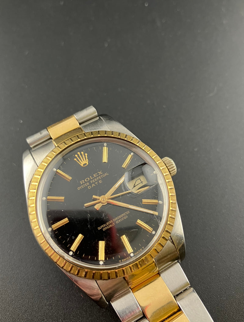 Rolex 15053 Date Oyster Watch Two Tone Black Dial Engine Turned