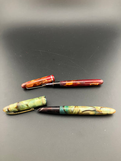 Two Celluloid Japanese Lever Fountain Pen Falcon Nib 1950s Parts or Repair