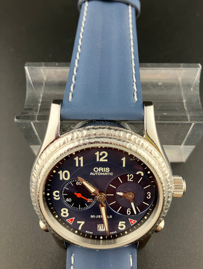 Oris Ref 7485 GMT Worldtimer Watch Blue Dial Hammered Bezel