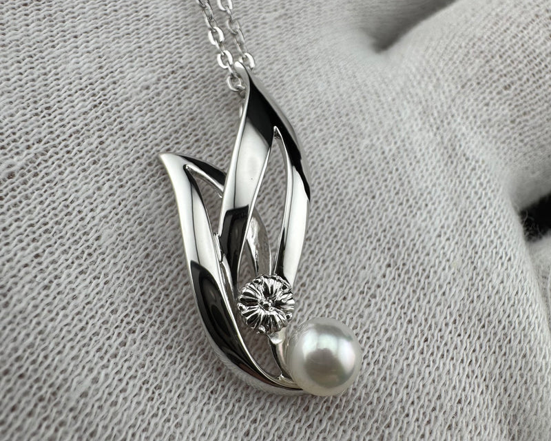 Mikimoto Silver Double Leaf Akoya Pearl Women&