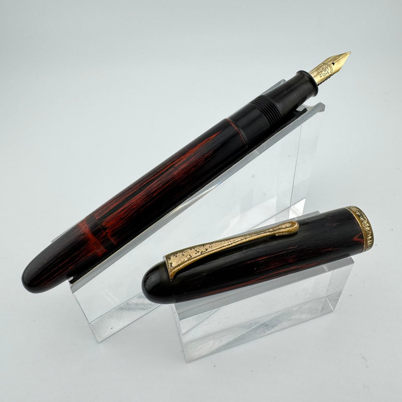 Warranted Black & Red Urushi Eyedropper Fountain Pen 14K Gold Fine Nib Serviced